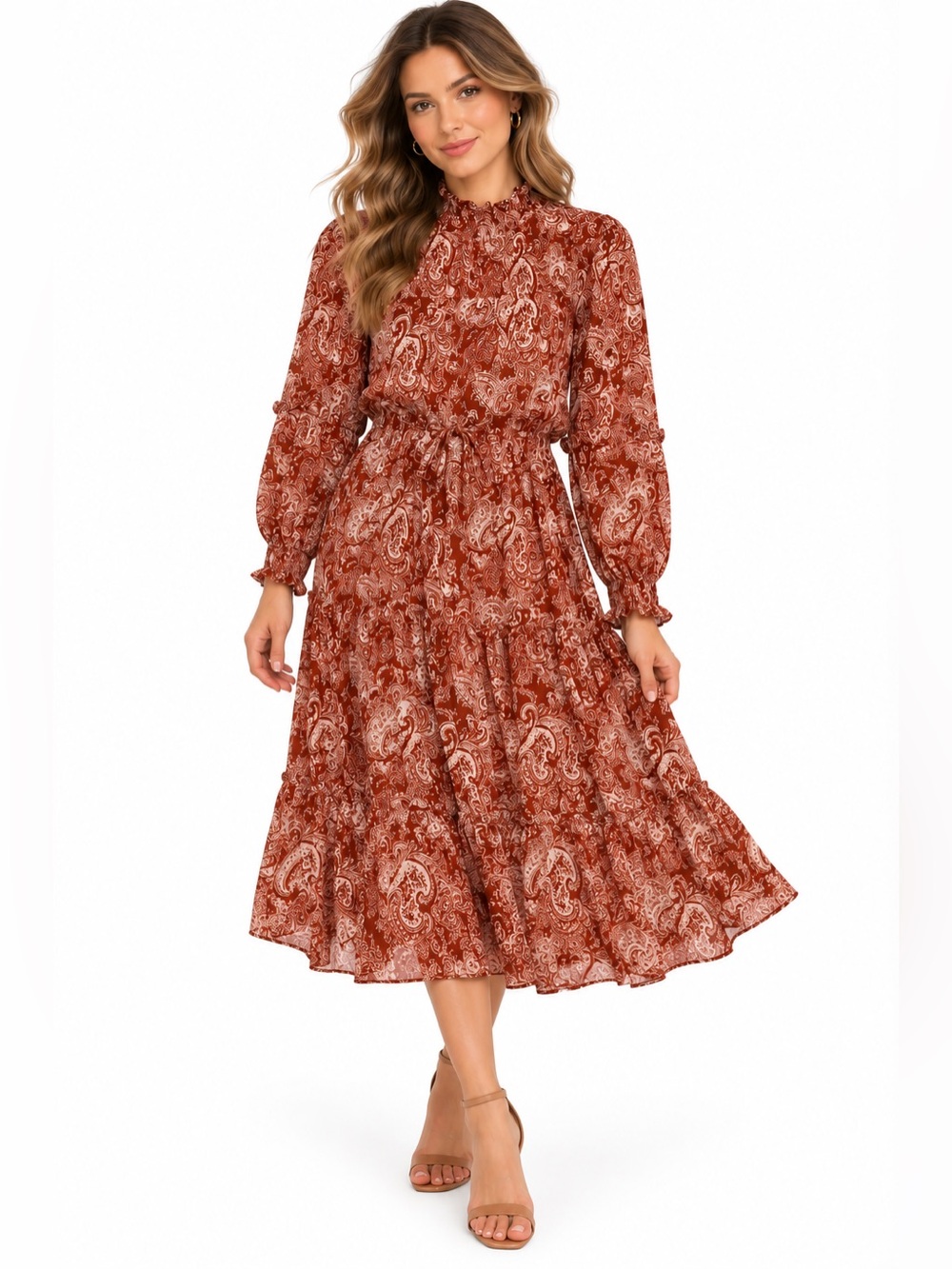 NWT &Merci Women's Rust Paisley Long Sleeve Midi Dress Size Small